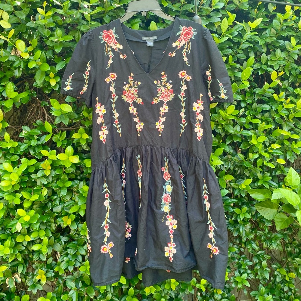 Black Embroidered Flower Dress